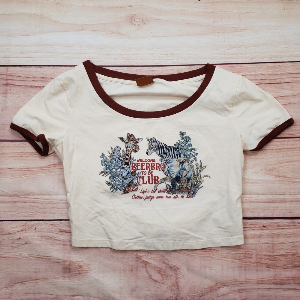Beerbro Shirt Women XL Cream Brown Safari Animal Ringer Crop Top Stretch Cutout